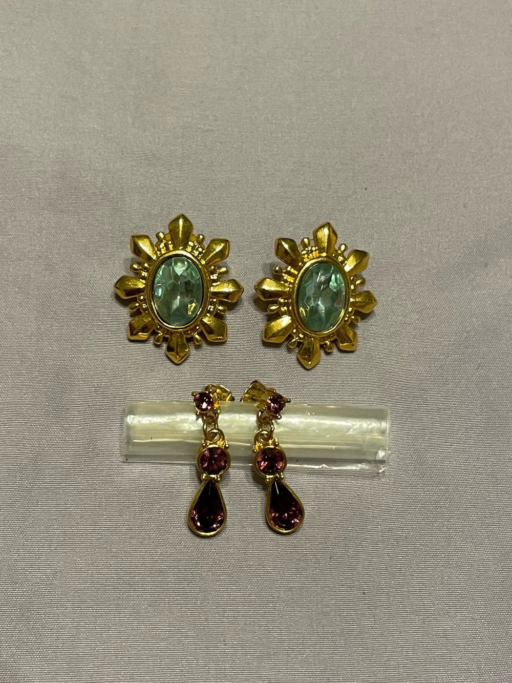 Vintage Gold Statement Earring Lot – Light Blue Sunburst Studs & Purple Drop